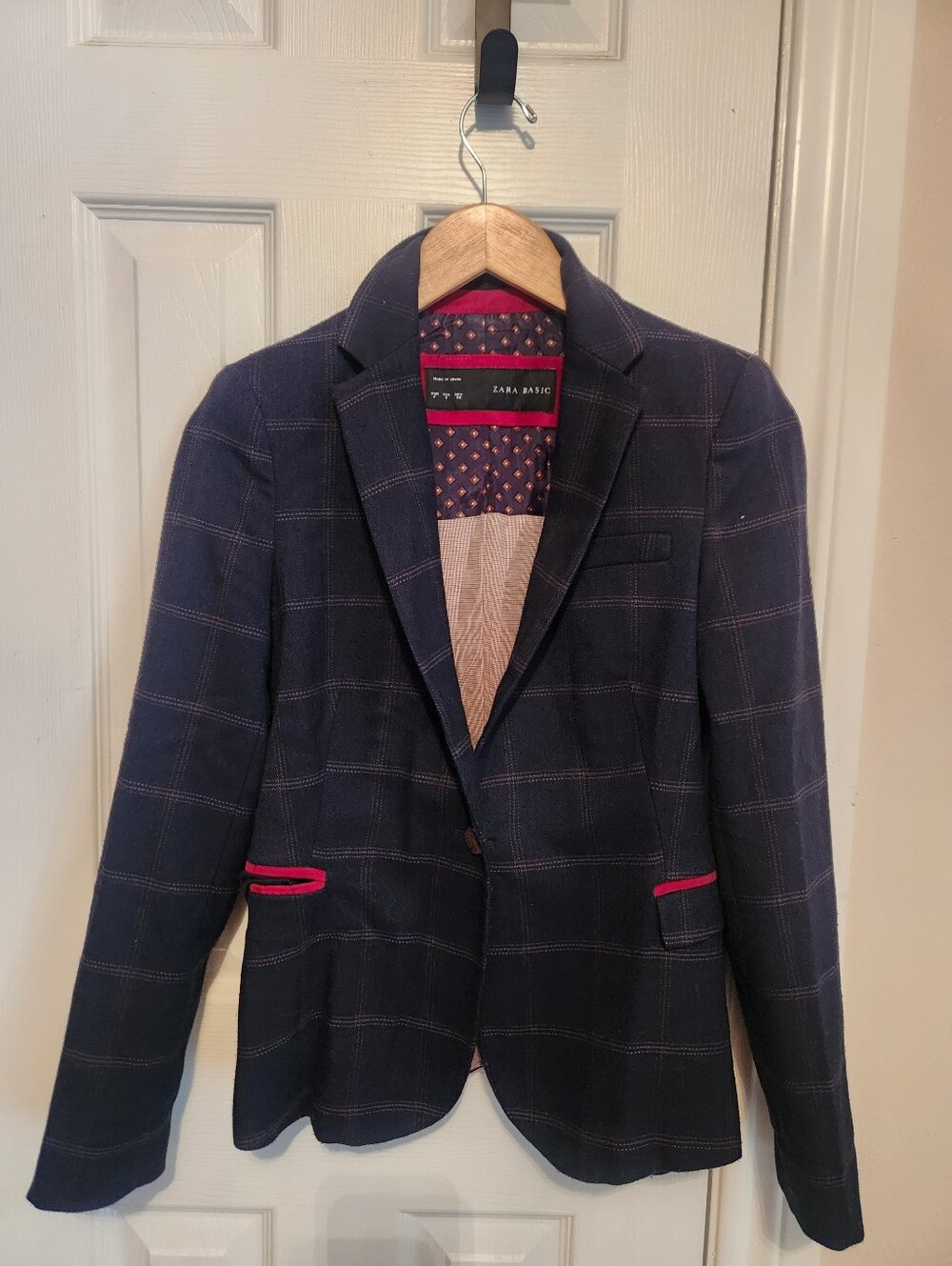 Zara Basic Navy Plaid Blazer Ladies Size Small Made In Spain Dark Blue And Red